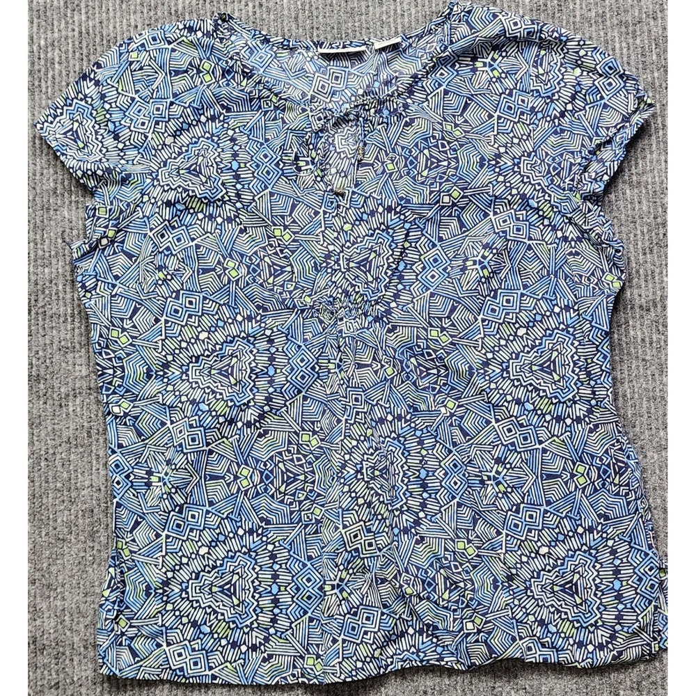 Liz Claiborne Petite Blue Geometric Cotton Short Sleeve Keyhole Top PXL